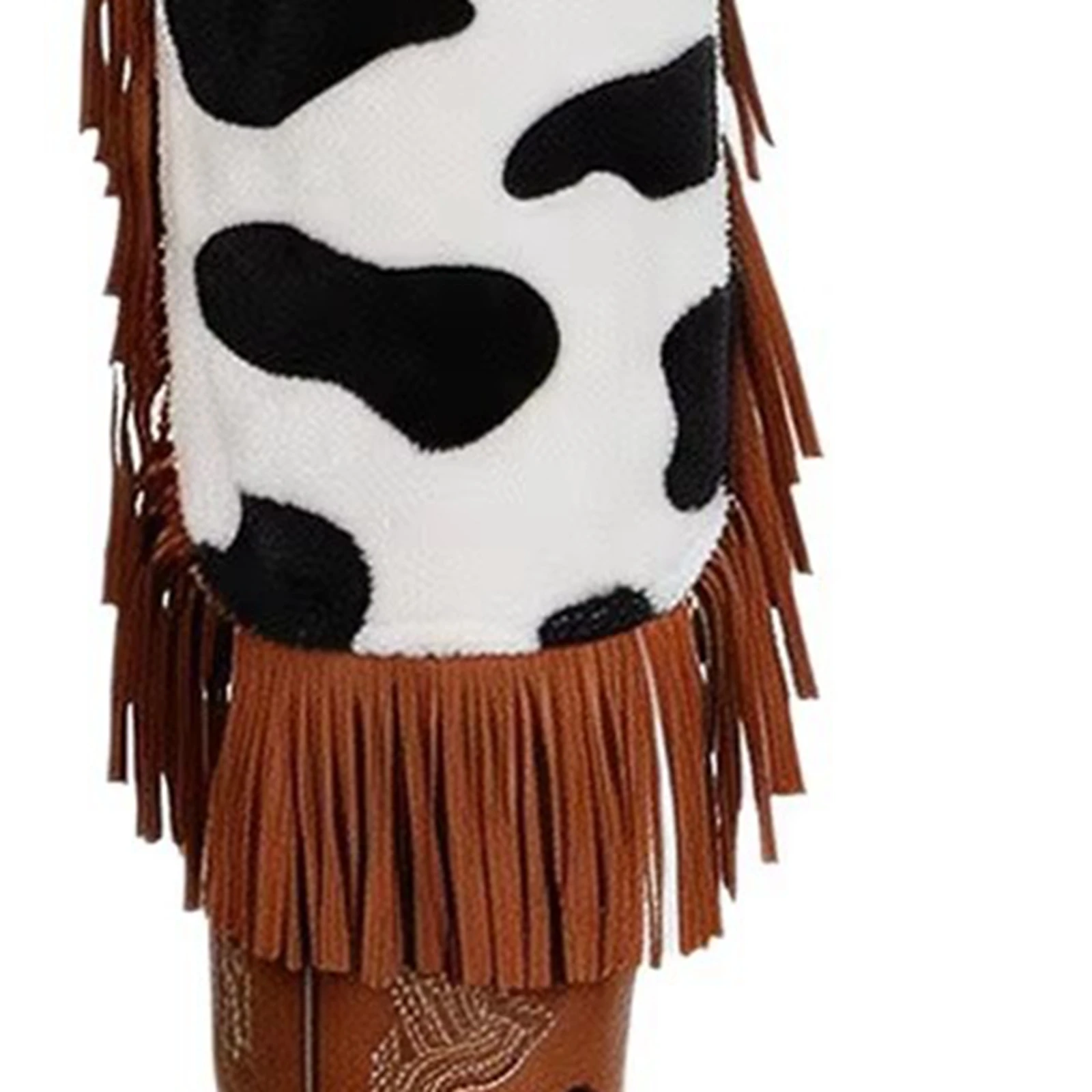 Womens Cowgirls Flannel Chaps Cowboy Costume Bottoms Cow Spot Print Side Tassel Hollow Out Adjustable Waist Assless Capri Pants
