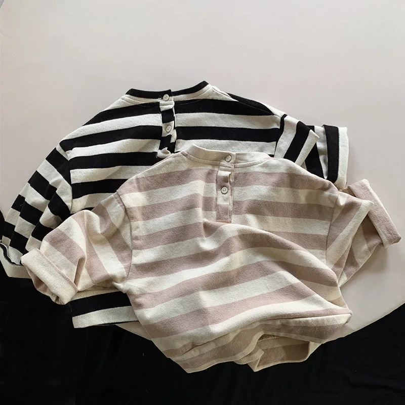 Korean Style 1-6Yrs Kids T-shirt Stripe Cotton Long Sleeve T-shirt Baby Girls Boys Pullover Tops Spring Autumn Children Clothing