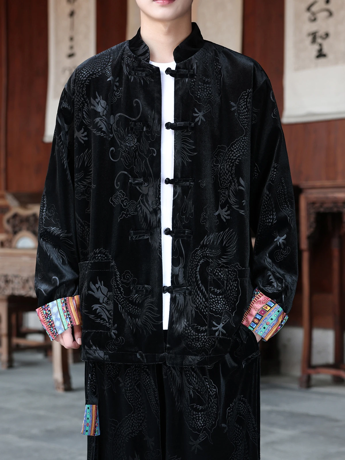 

Men's Windproof ort Robe Jaet Velvet Stand Collar Chinese Sle Tea Costume Autumn Winter Faion Brand Retro Tang Suit