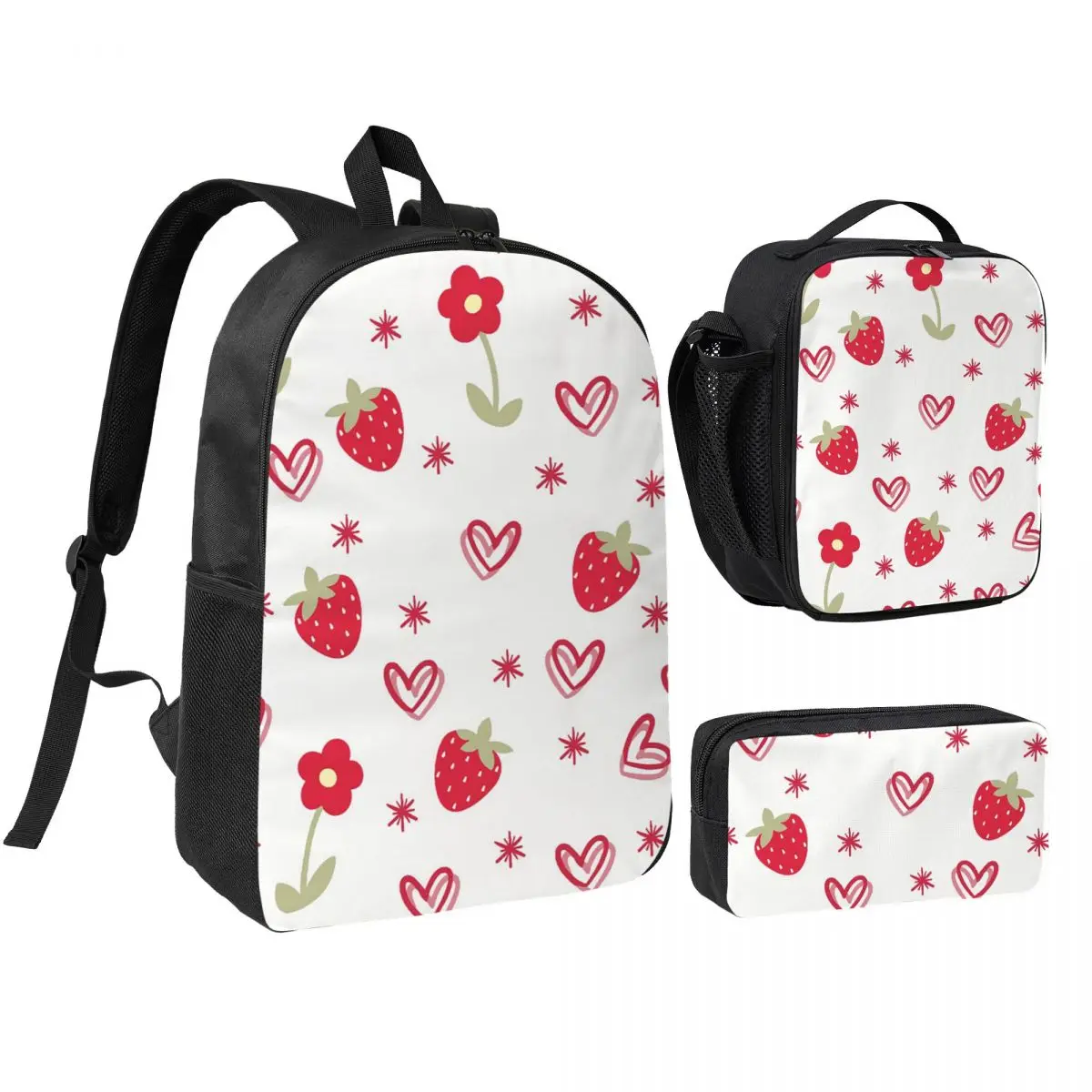 Strawberry And Heart Pattern Backpack Boys Girls BookBag School Bag Shoulder Bags 3ps Insulated Lunch Bag Pencil Case