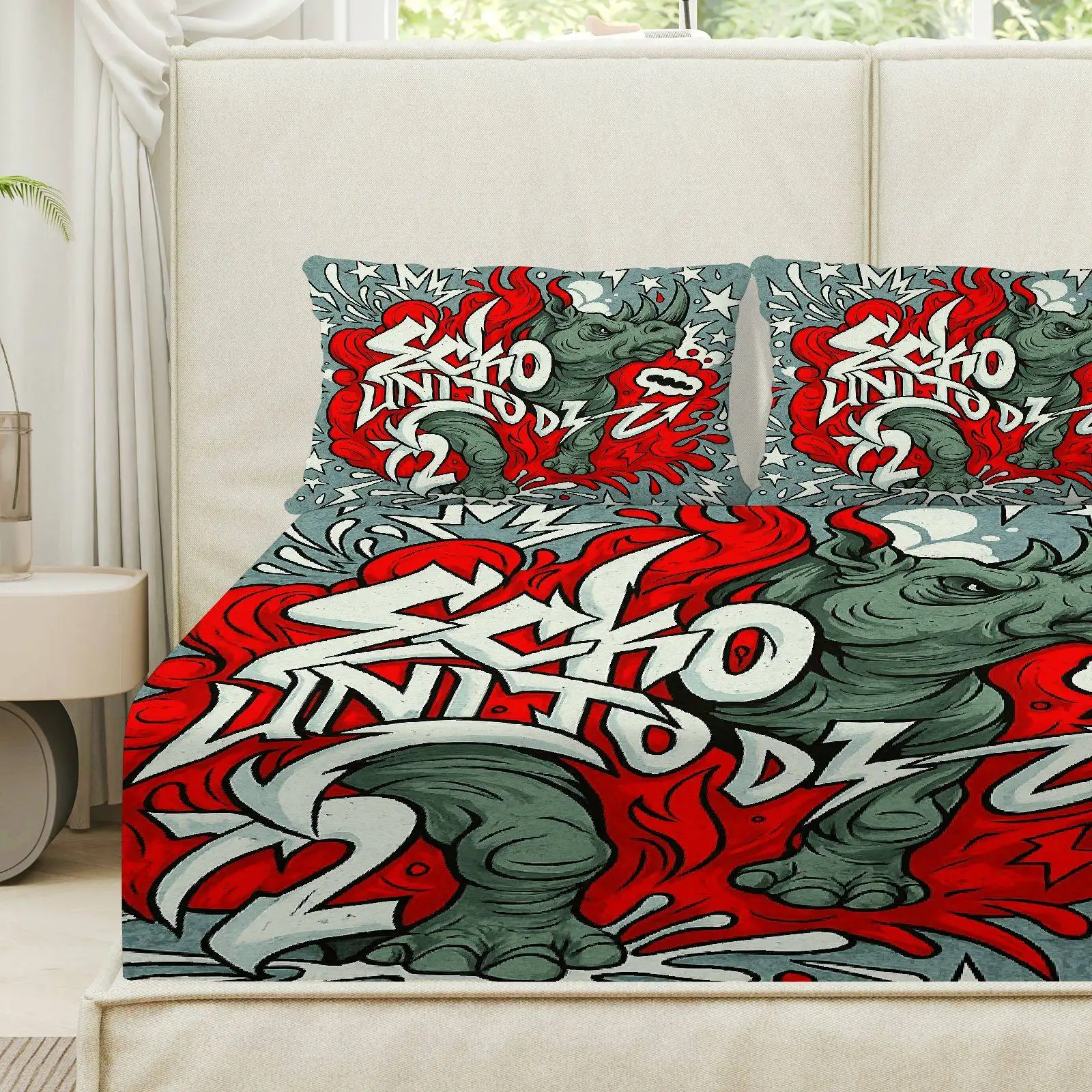 Customize 3pcs Graffiti Rhino Art Modern Fitted sheet Three Piece Set (1*Fitted Sheet+2*Pillowcases, Coreless), Artistic theme,