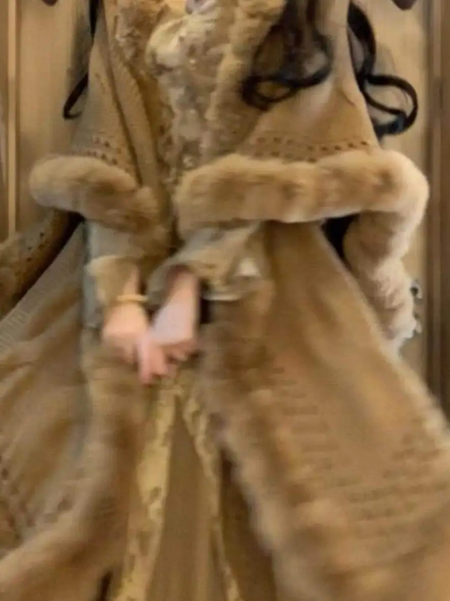 

Autumn Winter Knitted awl Long Thiened Coat Vintage Chinese Sle Pure Color Commute Sle Coolmax Fiber Long S...