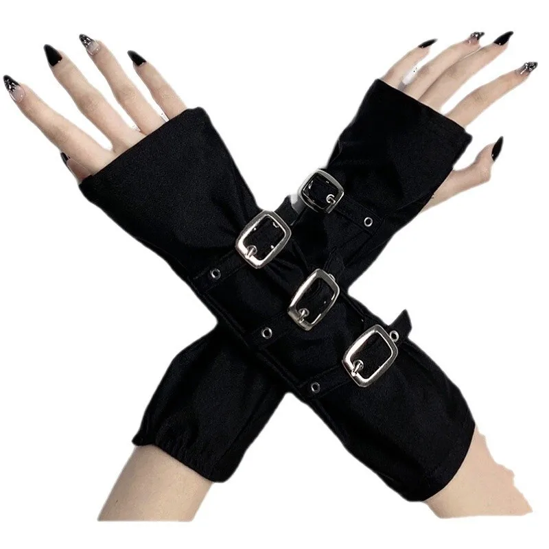 Gothic Black Metal Buckle Fingerless Hand Long Gloves Punk Half-finger Y2K Oversleeve Arm Warmer Lolita Cosplay Goth Arm Sleeve