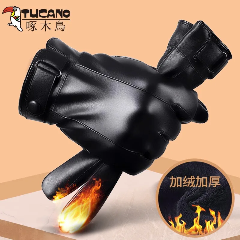 Woodpecker Gloves Men's Winter Riding Fleece-lined Thickening Thermal Windproof Waterproof Touch Screen Motorcycle Women's Leath