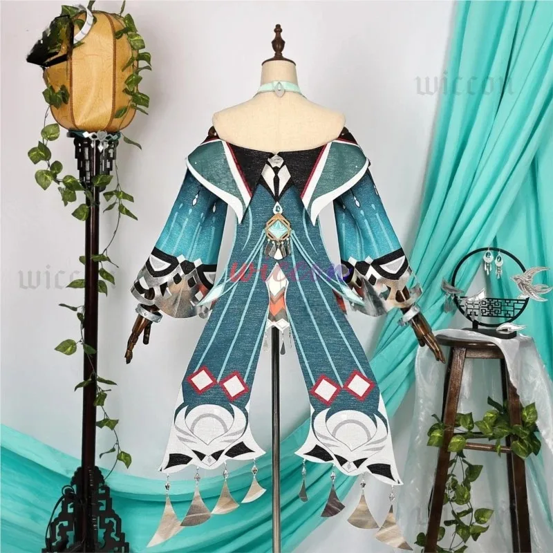 جينشين إمباكت لان يان أزياء تنكرية فستان شعر مستعار أغطية الرأس أقراط Liyue الربيع المنسوجة من اليشم حفلة الهالوين للنساء XZG5HK