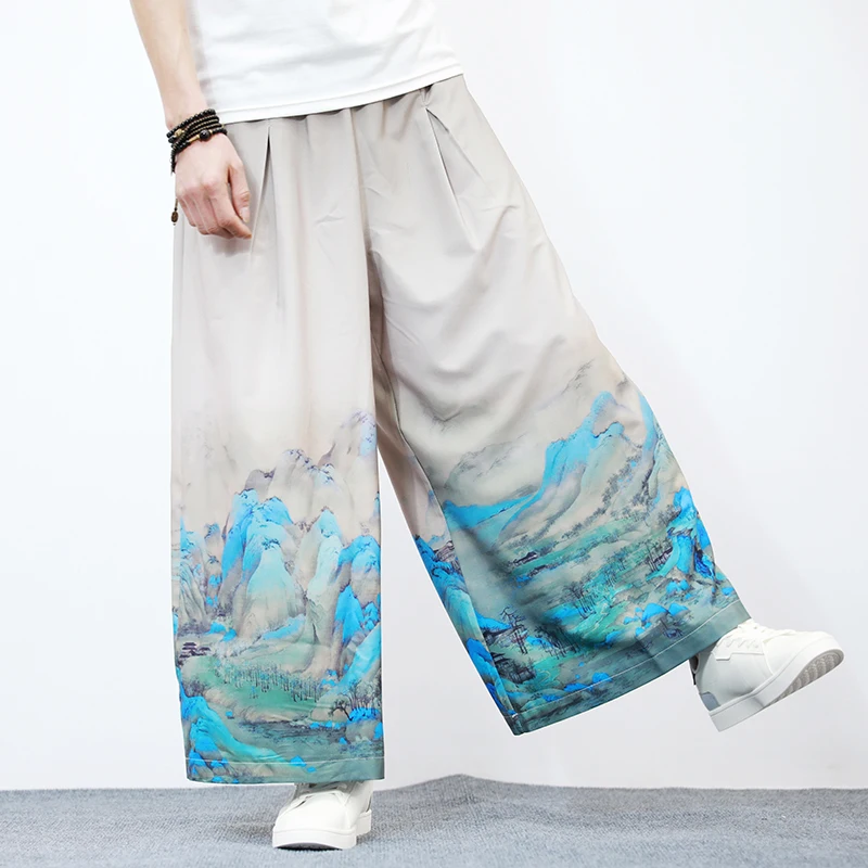 

2025 Men Painted Wide Leg Pants Mens Chinese Style Vintage Trousers Summer Men Harem Pants Male Hanfu Traditional Crane Pants