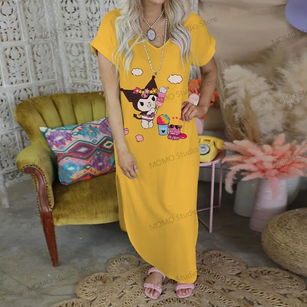 V-neck Robe Kuromi Long Dresses Cheap Clothes Fashion 2024 Streetwear Lovely S-2XL Elegant Gowns Summer Woman Dress Kawaii Party