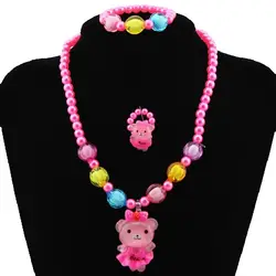 Kids Baby Girl's Jewelry Cute Bear Necklace Bracelet Ring Imitation Pearls Beads Children Jewelry Set Gift