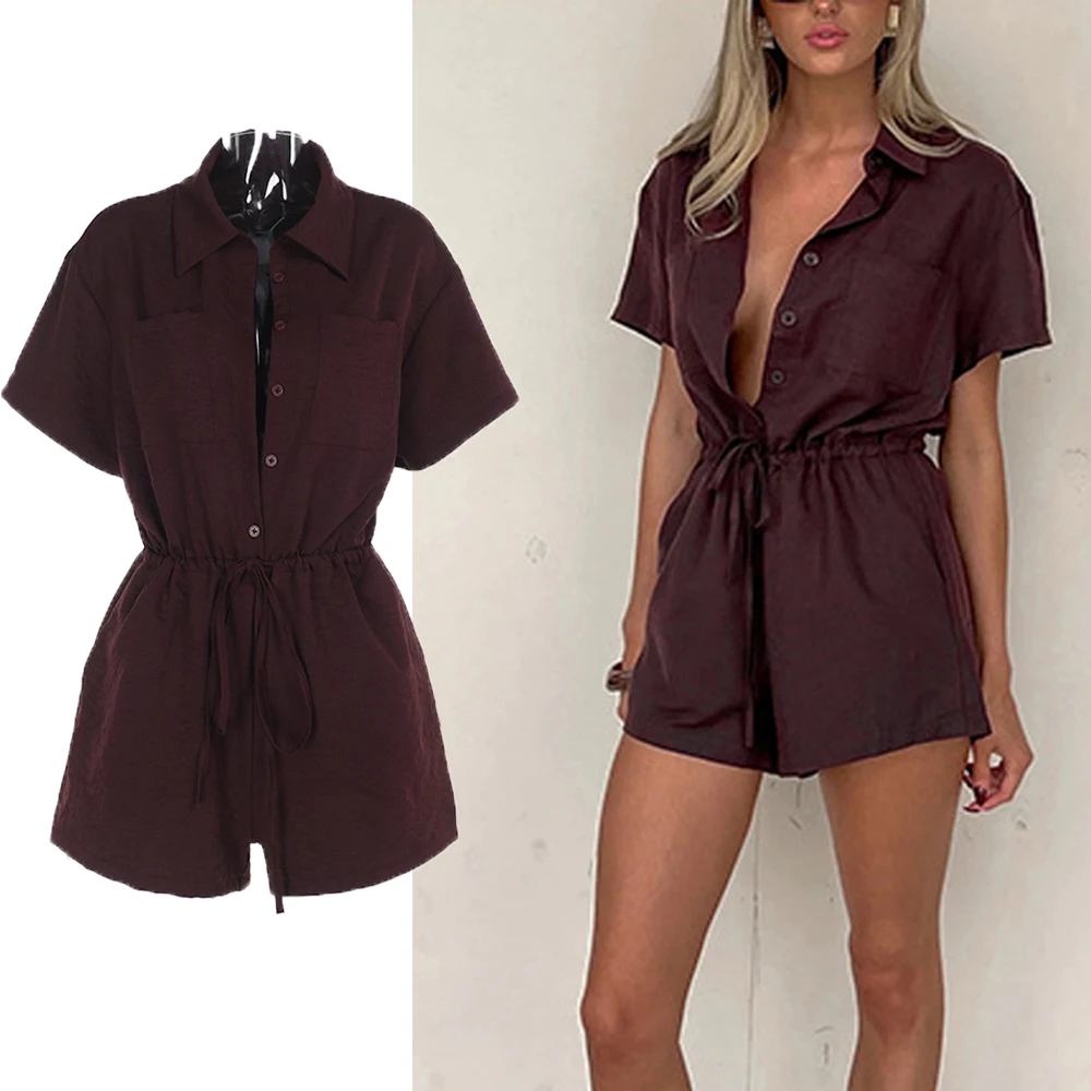 

DriftWear 2025 Shirt-Collar Romper Solid Tie-Waist Shorts Jumpsuit with Pockets Casual Sleeveless One Piece Outfit Office Romper