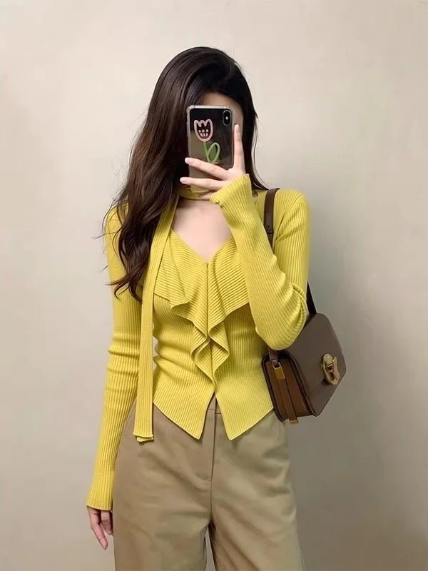 

Spring Faion Design Long Sve Knitted V-ne Women's Slim Fit Base irt Yellow Casual Sle Comfortable Breathable Top