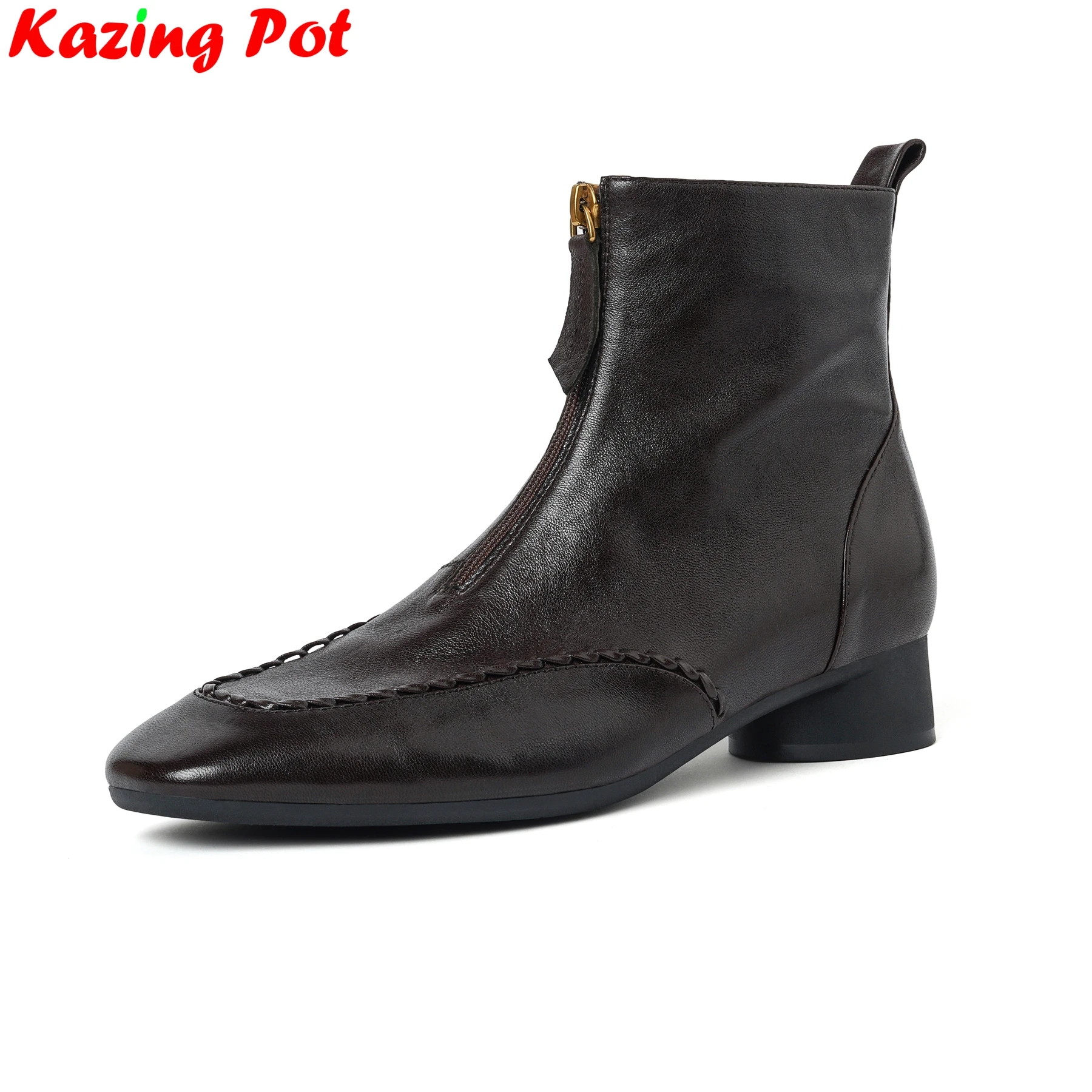 Krazing Pot Cow Leather Square Toe Med Heels Motorcycle Chelsea Boots Retro Keep Warm Winter Shoes Brand Ruffles Ins Ankle Boots