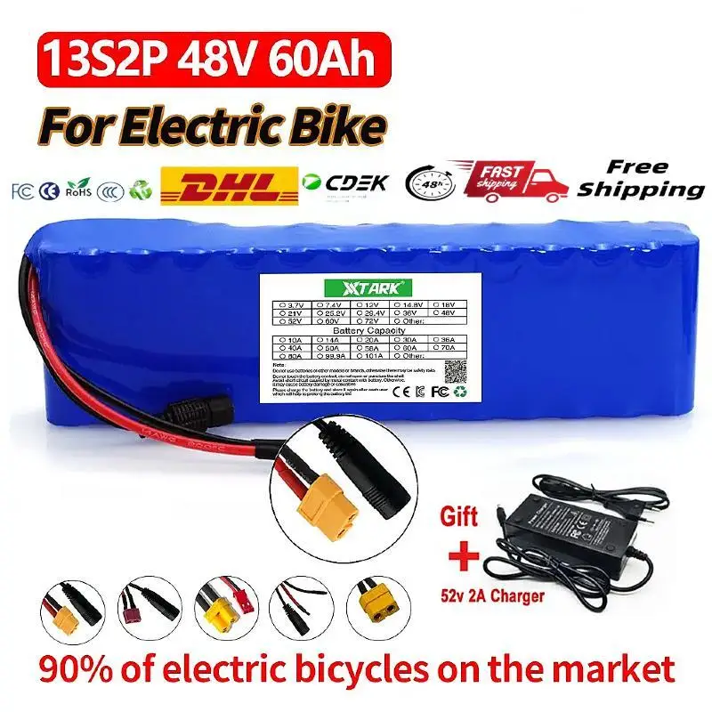 

E-bike 48v Battery Pack 60Ah 18650 Lithium Ion Battery 13S2P 1000w Bike Motorcycle Conversion Kit Electric Scooter BMS +Charger