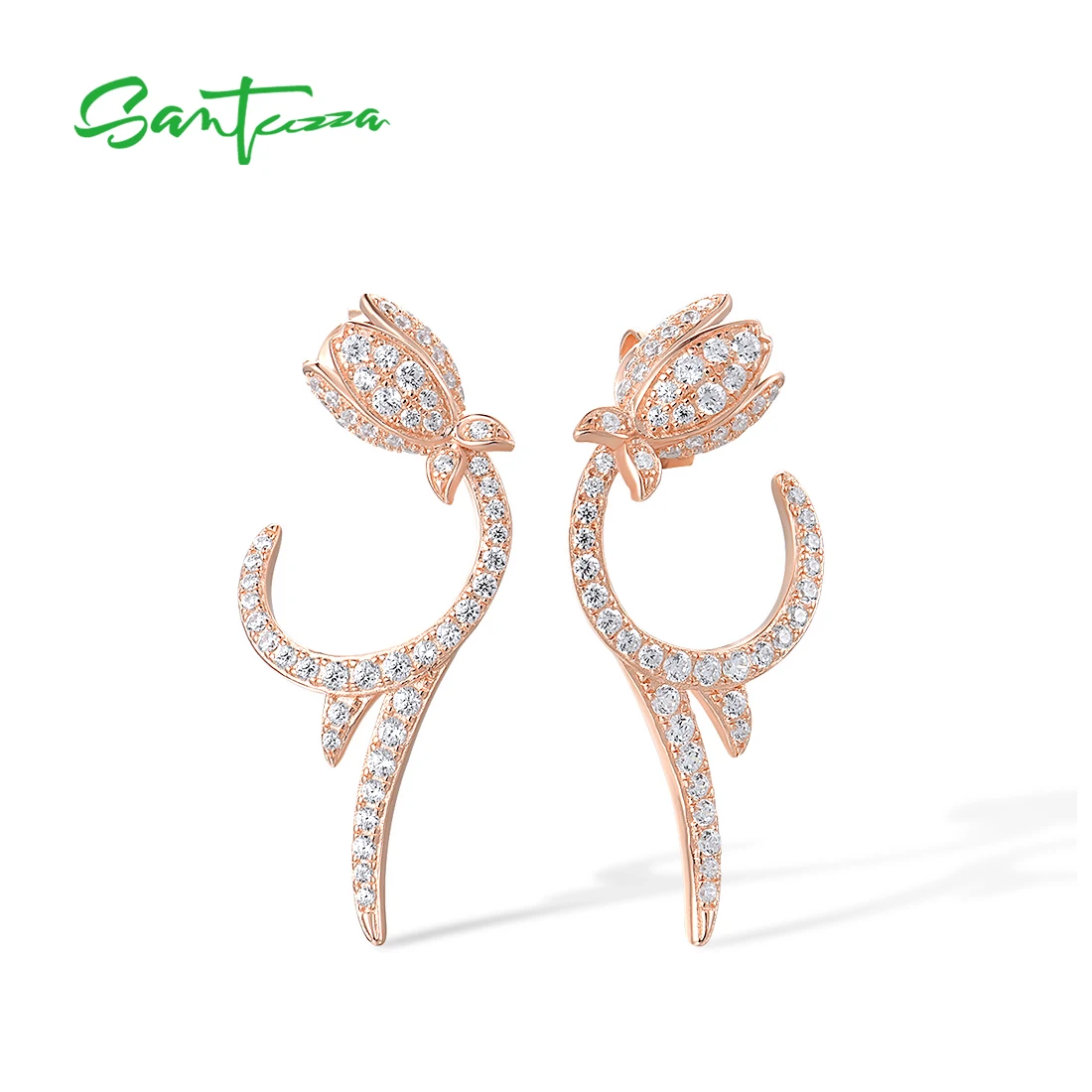 SANTUZZA Authentic 925 Sterling Silver Earrings For Women Sparkling White CZ Tulip Flower Rose Gold Plated Unique Fine Jewelry