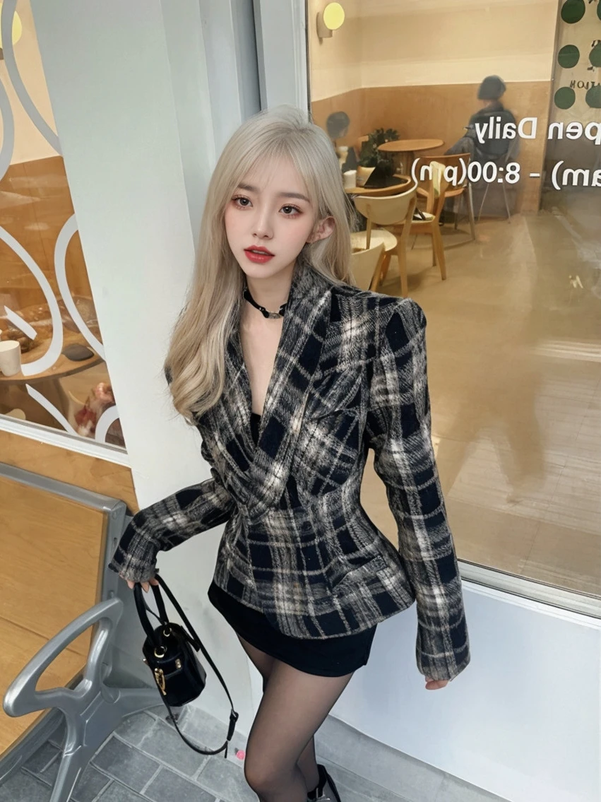 MiiiiX Retro Fashion Plaid Woolen Suit Jacket Women's Blazer Autumn 2024 New Slim Waist Notched Quilted Coat Thicken Outerwear