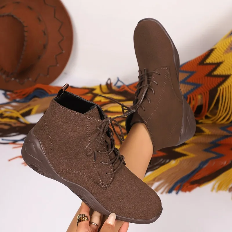 أحذية قطنية بمقاس كبير، أحذية عصرية بمقدمة مستديرة من جلد الغزال برباط سميك ودافئ ونعل ناعم وكعب منخفض