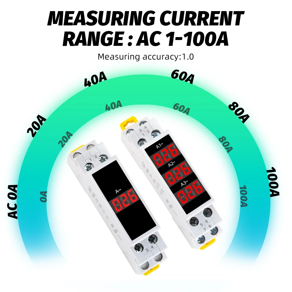 

Din Rail Mount 1/3 Phase Ampere Meter Ac 1-100A Mini Modular Current Meter Gauge Indicator LED Digital Display Detector Ammeter