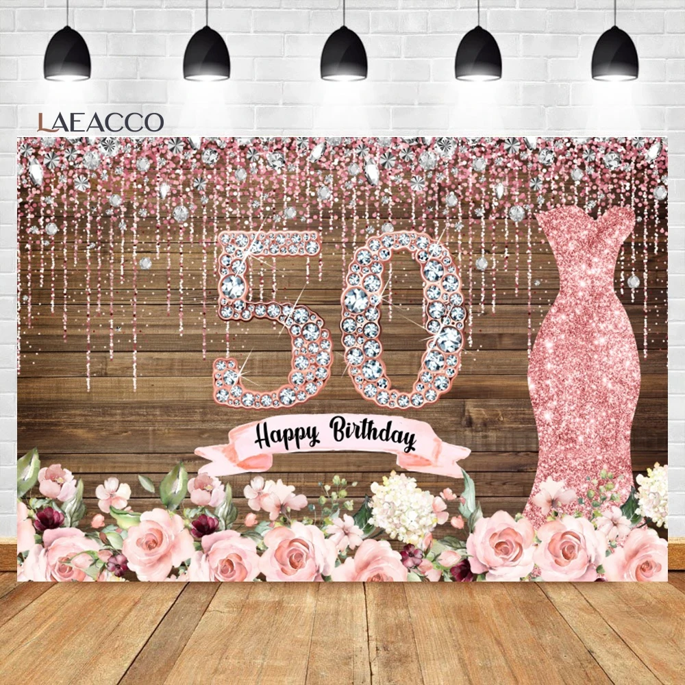 Laeacco 50th Birthday Backdrop Rustic Wood Board Pink Flower Glitter Dots Dress Women Portrait Customized Photography Background