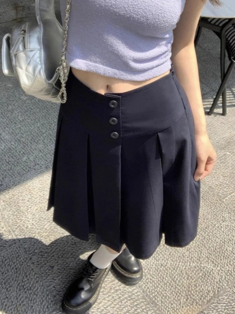 Summer Y2k Aesthetic A-line Pleated Women Skirts Harajuku Solid Color Grunge Skirt Streetwear Vintage Single Breasted Faldas