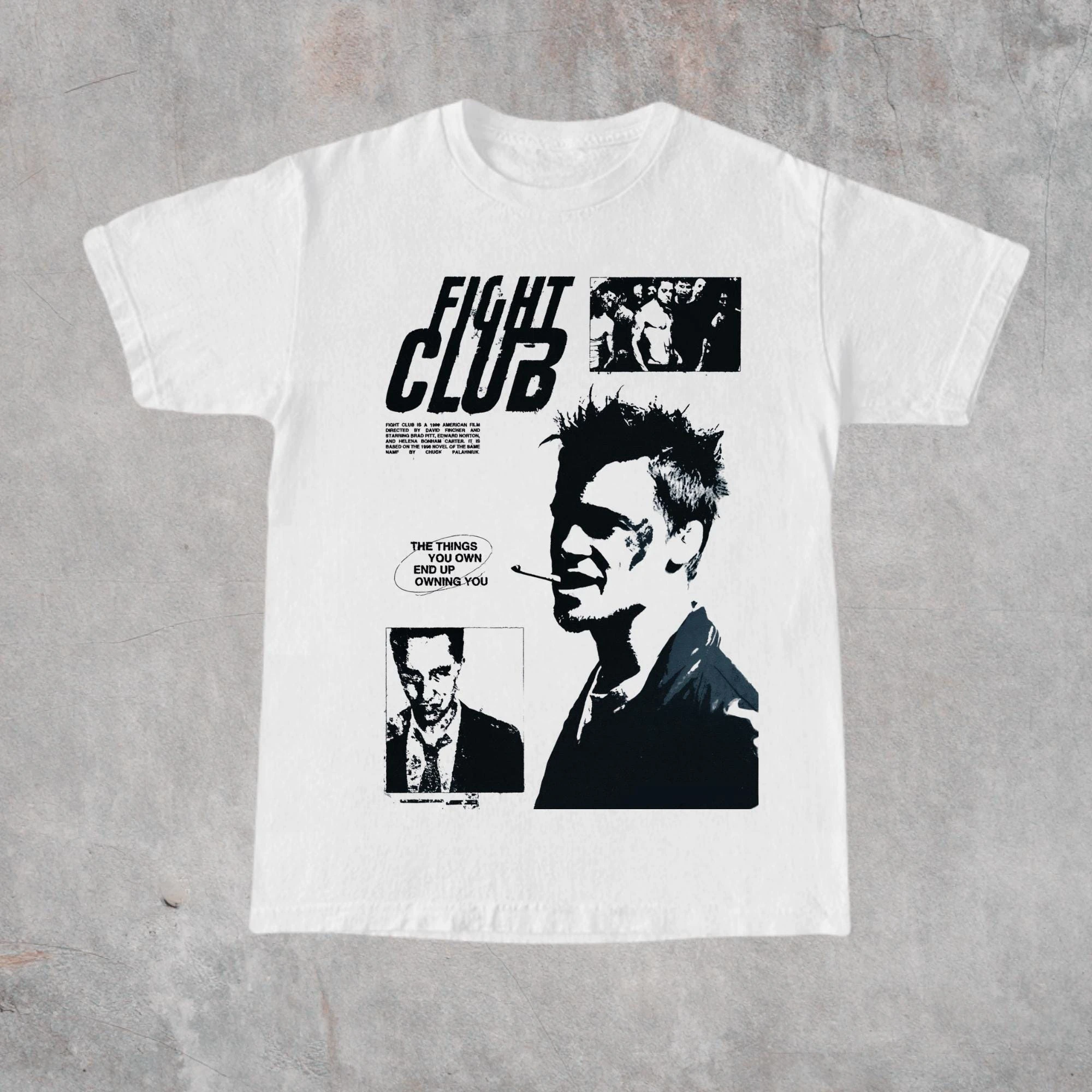 A Beige Short Sleeved T-shirt with Retro Character Portraits and Iconic Letter Prints From The Movie 'Fight Club' Printed on It