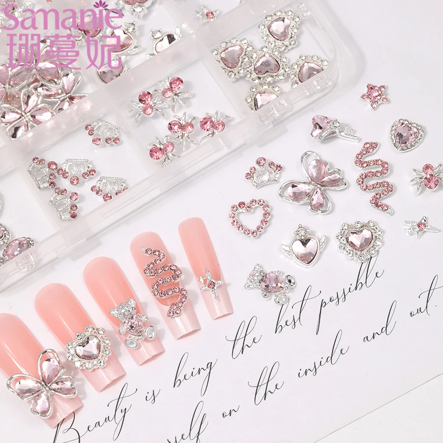 12Grids 3D Sweet Love-Heart Diamond Nail Charms with Pink Gems Lock Key Star Magic Wand Crown Nail Parts Y2K Nail Art Decoration