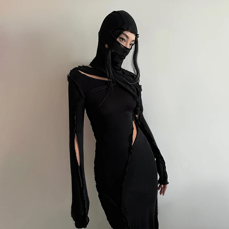 خريف جديد لون نقي مقنعين ذوي الياقات العالية المروع الجوف خارج كم طويل فستان المرأة العصرية النمط الأوروبي والأمريكي