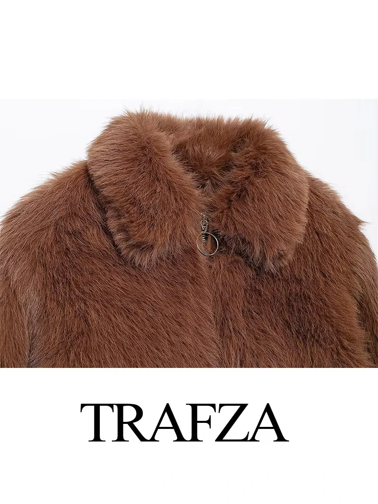 TRAFZA Women's Winter Chic Solid Lapel Long Sleeves Zipper Side Pockets Decorate Slim Coat Elegant Woman Faux Fur Warm Jackets