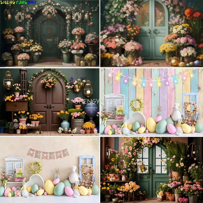

Colorful Easter Day Floral Photography Backdrop Doorway Eggs Bunny Pastel Whimsical Spring Garden Birthday Party Background HF36