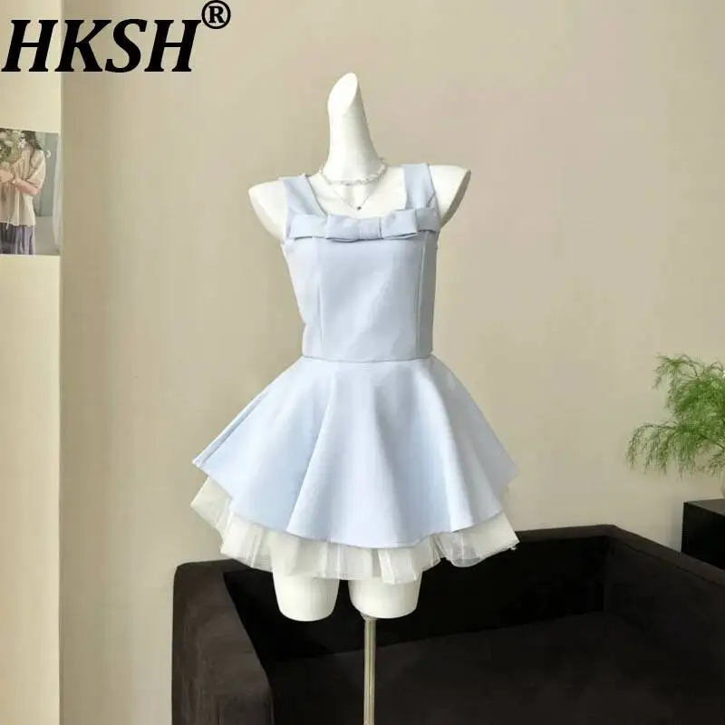 HKSH Women Camisole Dress Elegant Bow Sleeveless Waist-cinching Patchwork Mesh Design Niche Contrast Color Trend Dresses HK25797
