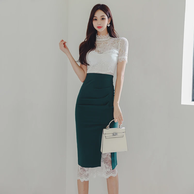 

Ele Lace Two-Piece Set Summer 2024 Korean Sle Slim Fit Top And Skirt Outfit ort Sve Zipper Closure Nylon Blend