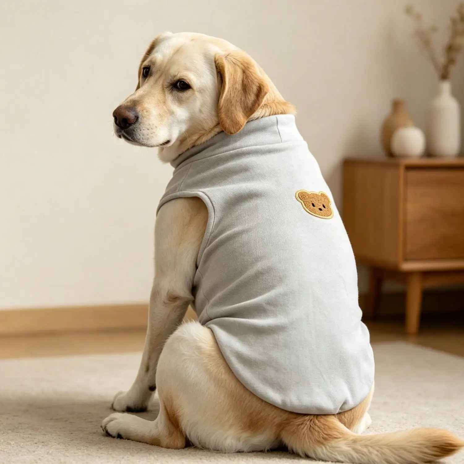 Ärmelloses Rollkragen-Hundeweste für große Hunde, weiche Strickkleidung für Haustiere mit niedlichem Bären-Applikationsaufnäher, warmes Hausoutfit – Detail 20