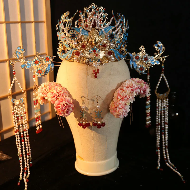 

Древние китайские аксессуары для волос ручной работы с бахромой, головной убор, заколка для волос, супер фея, аксессуары, набор коронок для синих волос