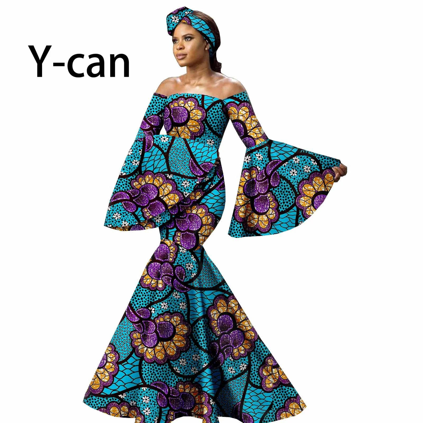 African Elegant Party Dresses for Women Dashiki Bazin Petal Sleeve Off-shoulder Women Dress Party Wedding Free shipping Y2225049