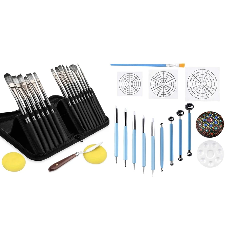 

15PCS Acrylic Paint Brushes Set With 14Pcs Mandala Dotting Stencil Tools Rock Painting Kit