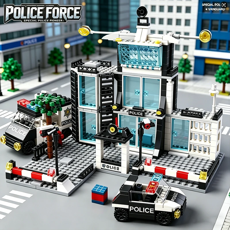 Bloques de construcción de la ciudad, conjunto de bloques de la comisaría de policía, coche de policía, juguete para niño, decoración de escritorio, regalo de cumpleaños y Navidad para niños