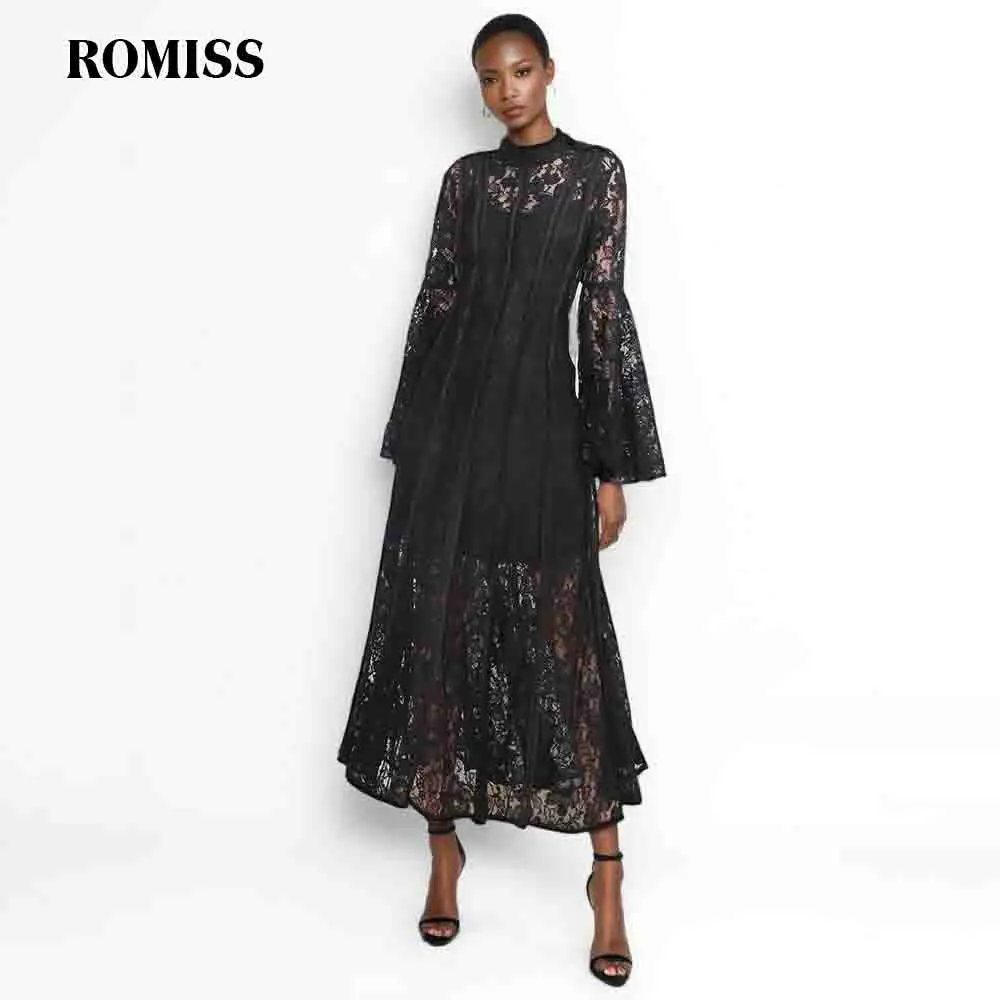 

ROMISS Solid Spliced Embroidery Elegant Dresses For Women Stand Collar Flare Sleeve High Waist Temperament Slimming Dress Female