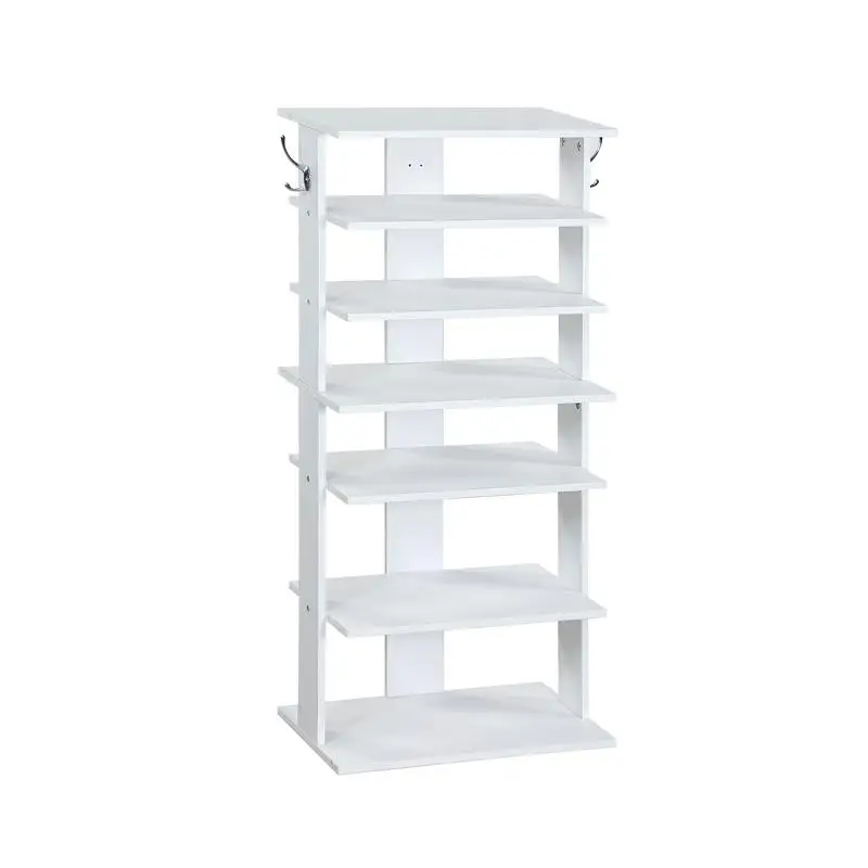 

7-Tier Vertical Shoe Rack, Entryway Shoe Organizer with Hooks, Space-Saving Storage Tower for Shoes, White Finish