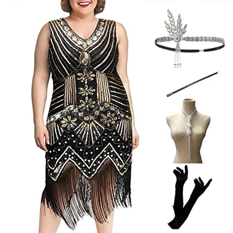 Abito da donna di grandi dimensioni 920 retrò con paillettes Par Cena V-ne Nappa Dr Set Abito da sera Ensemble Materiale in poliestere