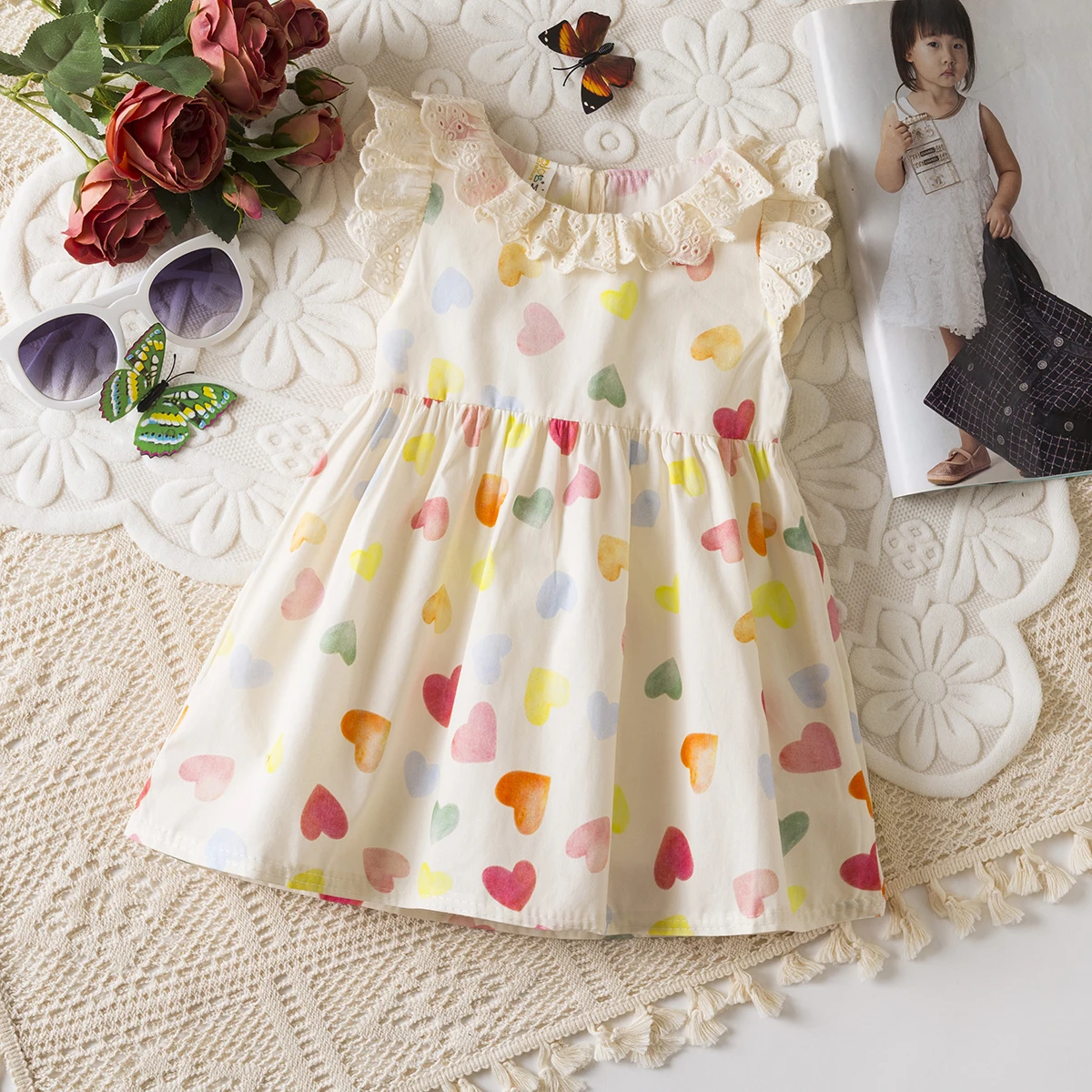

Baby Girl Dress Summer Cotton Heart-Shaped Lace Edge Sleeveless Girls Dresses Cartoon Casual Beach Baby Girl Clothing