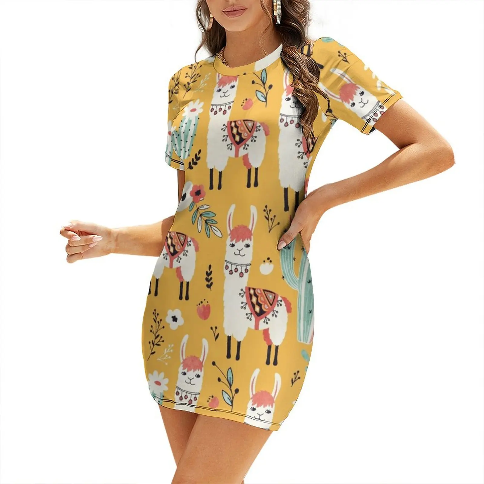 

White Llama with flowers Short-Sleeved Dress summer clothes summer women's dress 2025 festival outfit women Dress