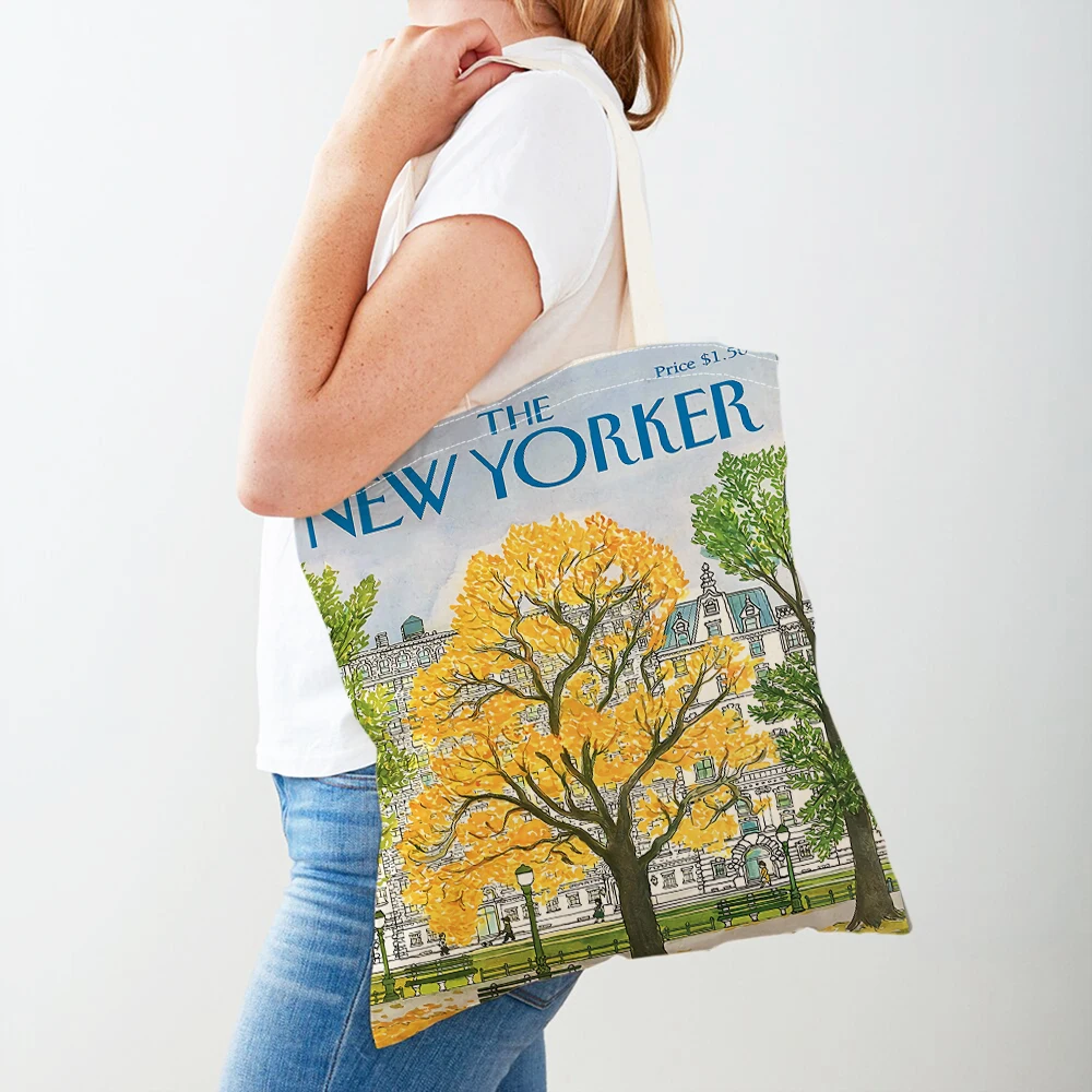 Double Print New Yorker Women Shopper Bags Supermarket Tote Lady Handbag Both Sides Reusable Foldable Casual Canvas Shopping Bag