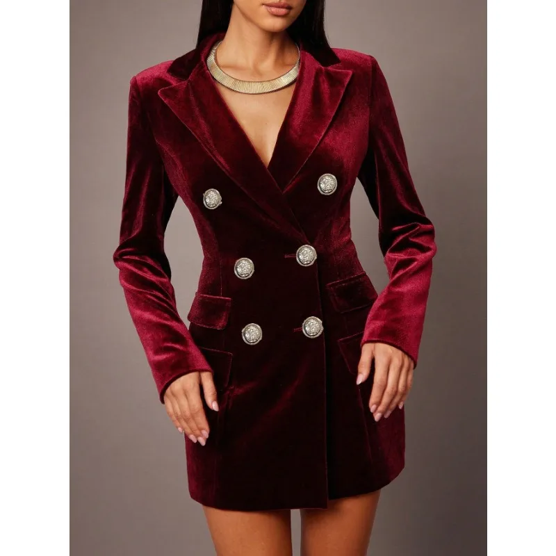 Luxury Double-breasted Slim Blazer Women Turn-up Collar Suit Long-sleeved Top Design Trench Coat Jacket Solid Color Coats