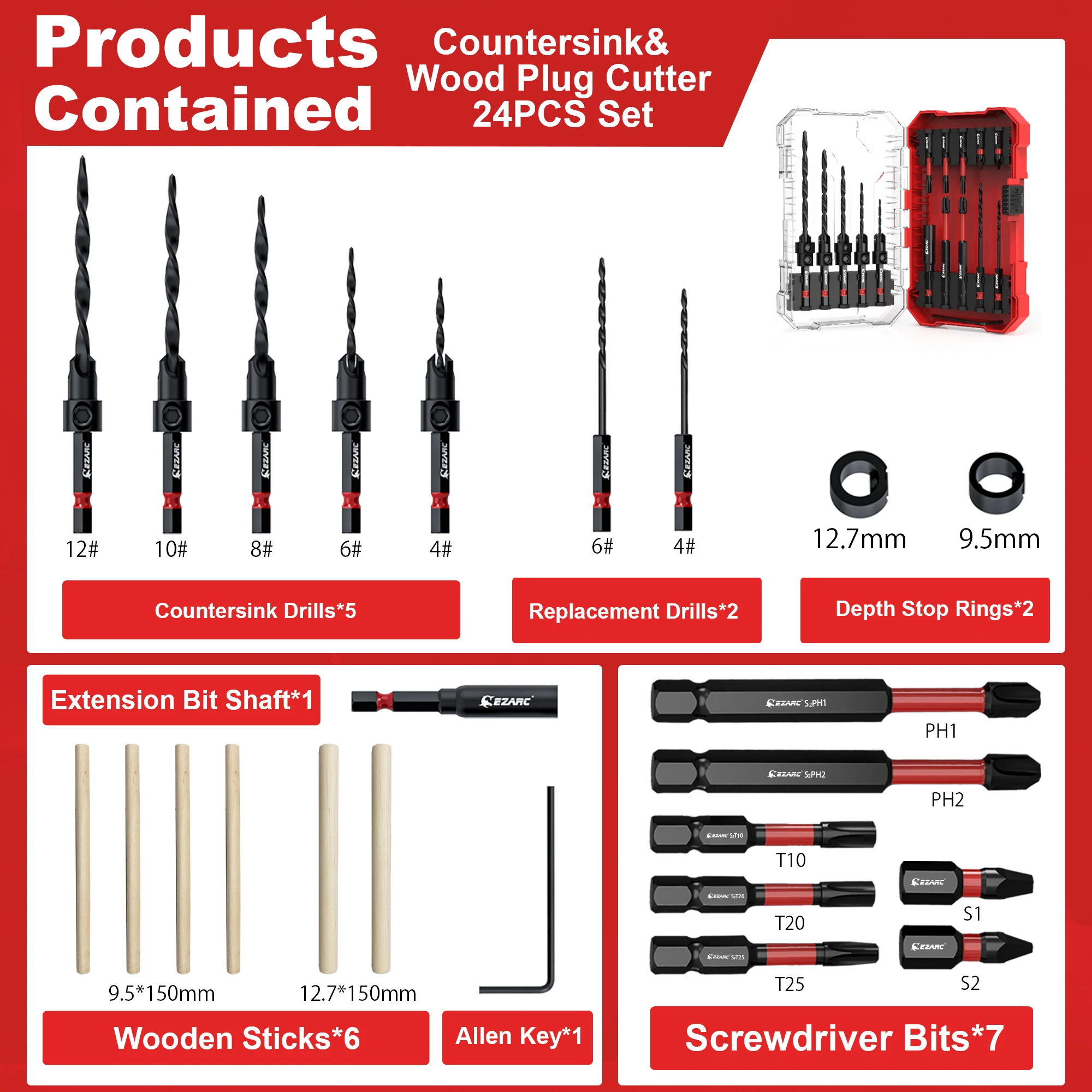 Imagem -05 - Ezarc Countersink Drill Bit Grupo Kit de Brocas Cônicos para Trabalhar Madeira Brocas de Contador Pia com Caixa de Armazenamento 24 Pacotes