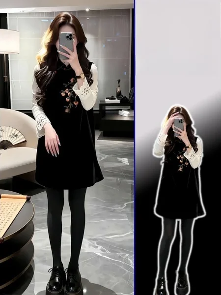 

plus Size Beautiful Bla Vest Top Set Chinese Sle Faionable Ele Spring Long Sve Plant Floral Print Two-Piece Suit