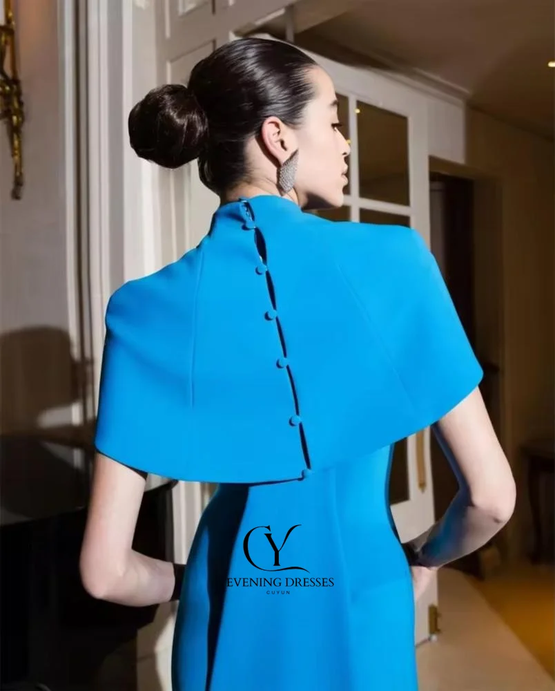 Cuyun personalizado azul camisa de noite drapeado botão aniversário a linha gola alta vestido de ocasião sob medida vestidos longos