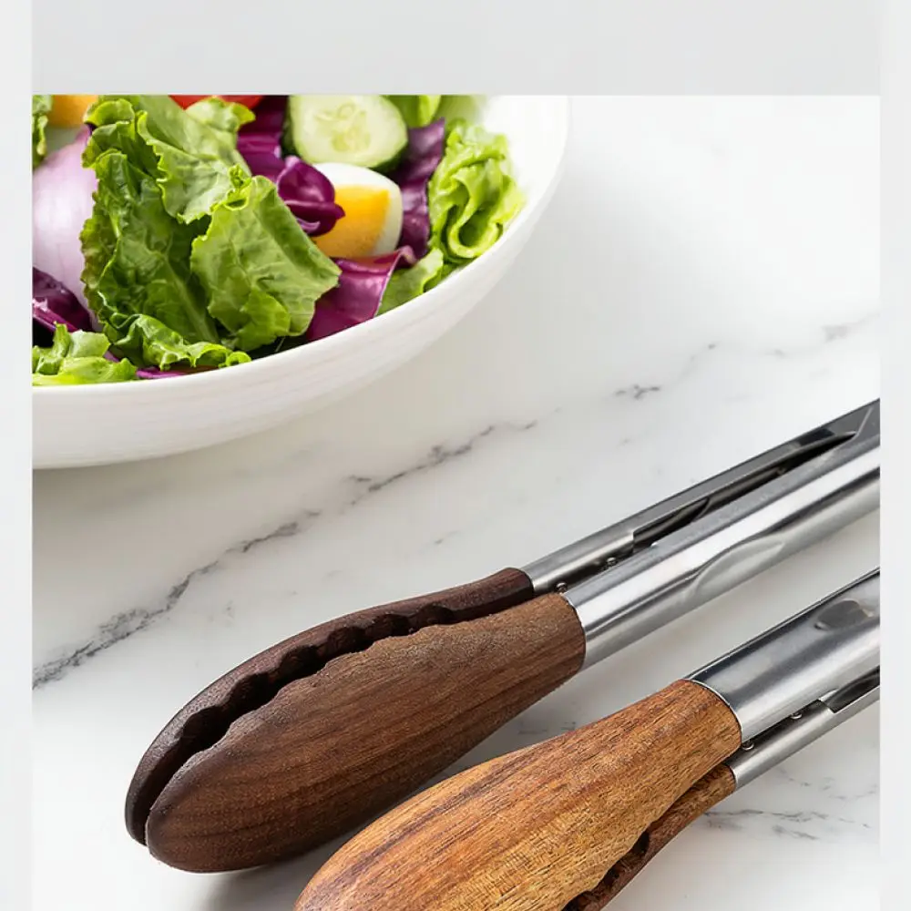 Simple Nordic Stainless Steel Kitchen Tongs Walnut Grip Heat Resistant Food Clamp For Bbq Steak Salad Bread Serving Utensil