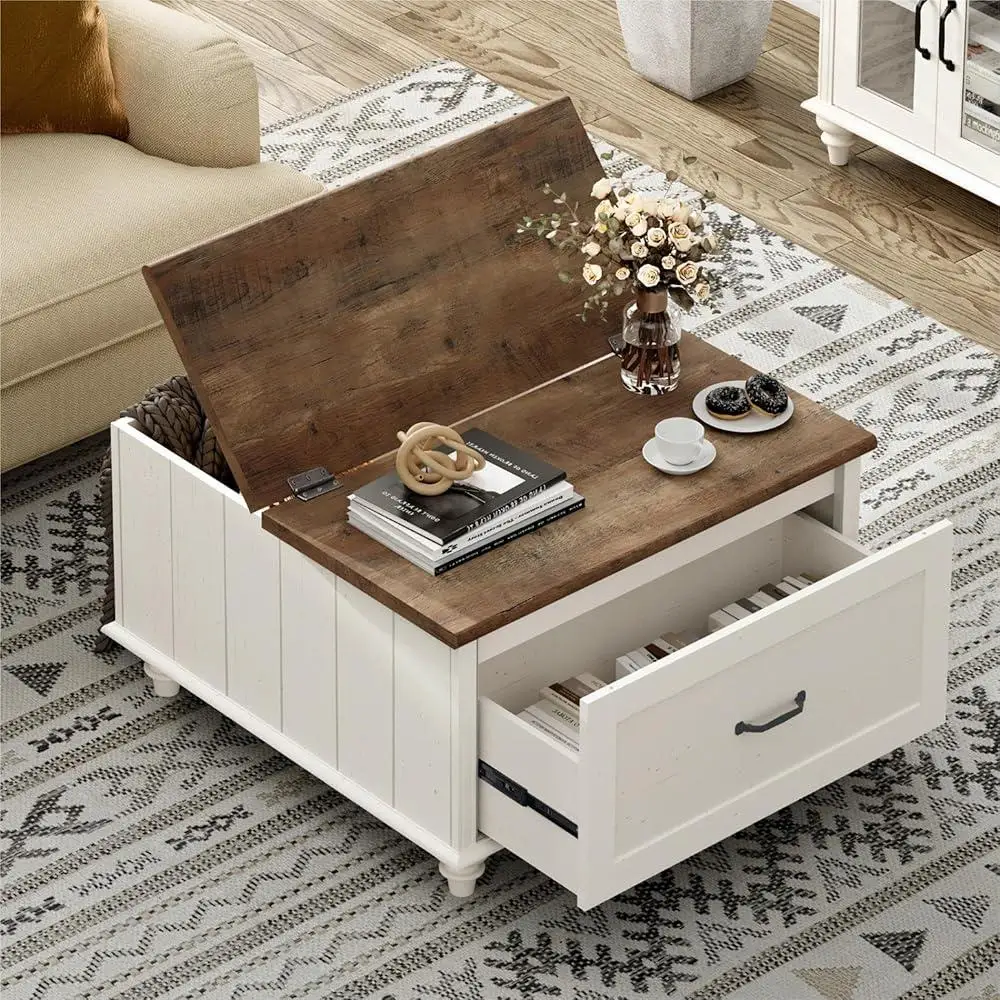 Farmhouse Lift Top Coffee Table with Storage Cabinet Wooden Center Table with Large Drawer Living Room Organization