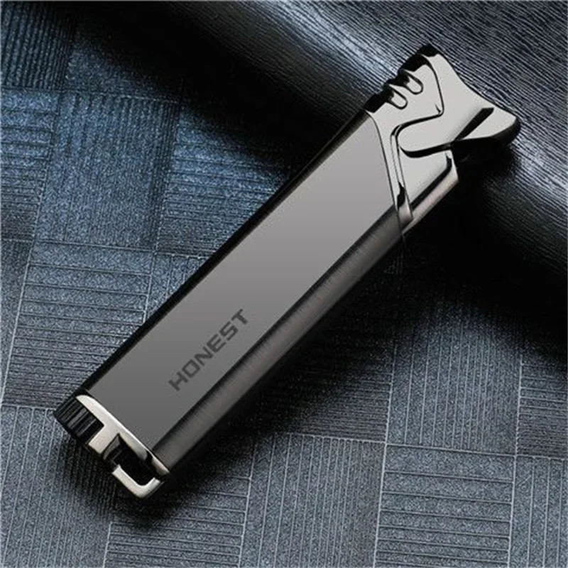 HONEST Straight Metal Ultra-thin Ultra-thin Jet Torch Straight Inflatable Windproof Butane Lighter Metal Blue Flame Fashion Gift