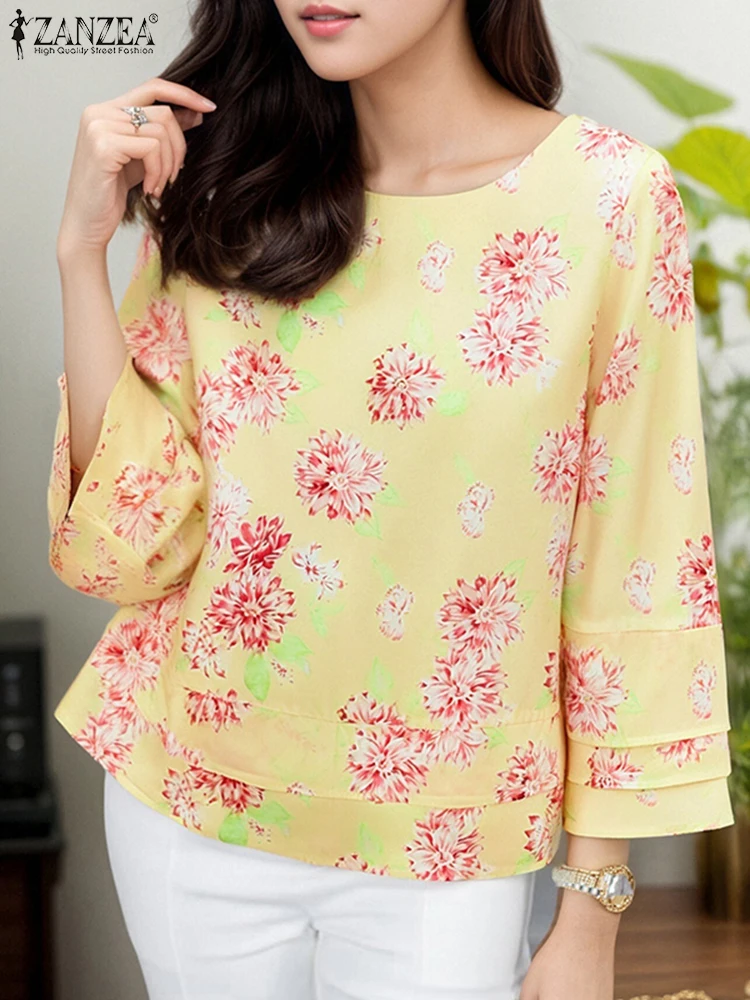 

ZANZEA Women Floral Printed Blouses Vintage Tops Casual Loose O Neck Blusas 2025 3/4 Sleeve Summer Tunics Oversized