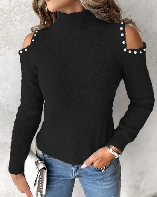 Women's Cold Shoulder Pullover Top 2023 Autumn New Mock Neck Cutout Pearls Decor Knit Sweater Temperamental Long Sleeve Top