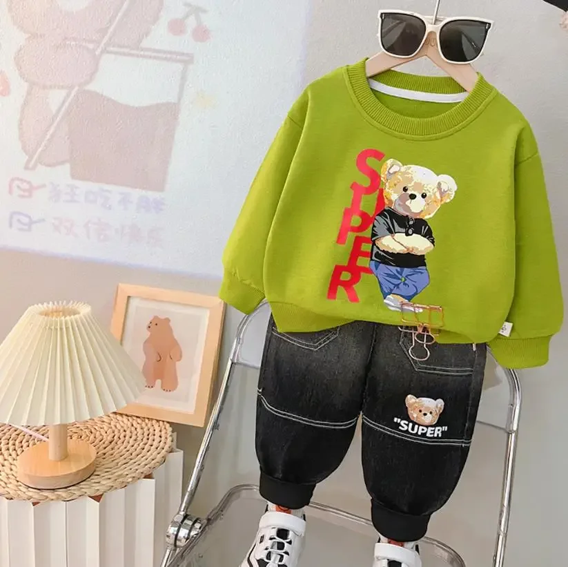 Estilo coreano roupas para bebês meninos conjunto de roupas dos desenhos animados urso o-pescoço manga longa camisetas e calças da criança crianças bebe fatos de treino